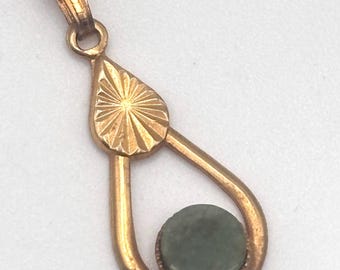 Vintage 60s Nephrite Jade Pendant Yellow Gold Tone Dark Green Nephrite Bezel Set Slice Oval Teardrop