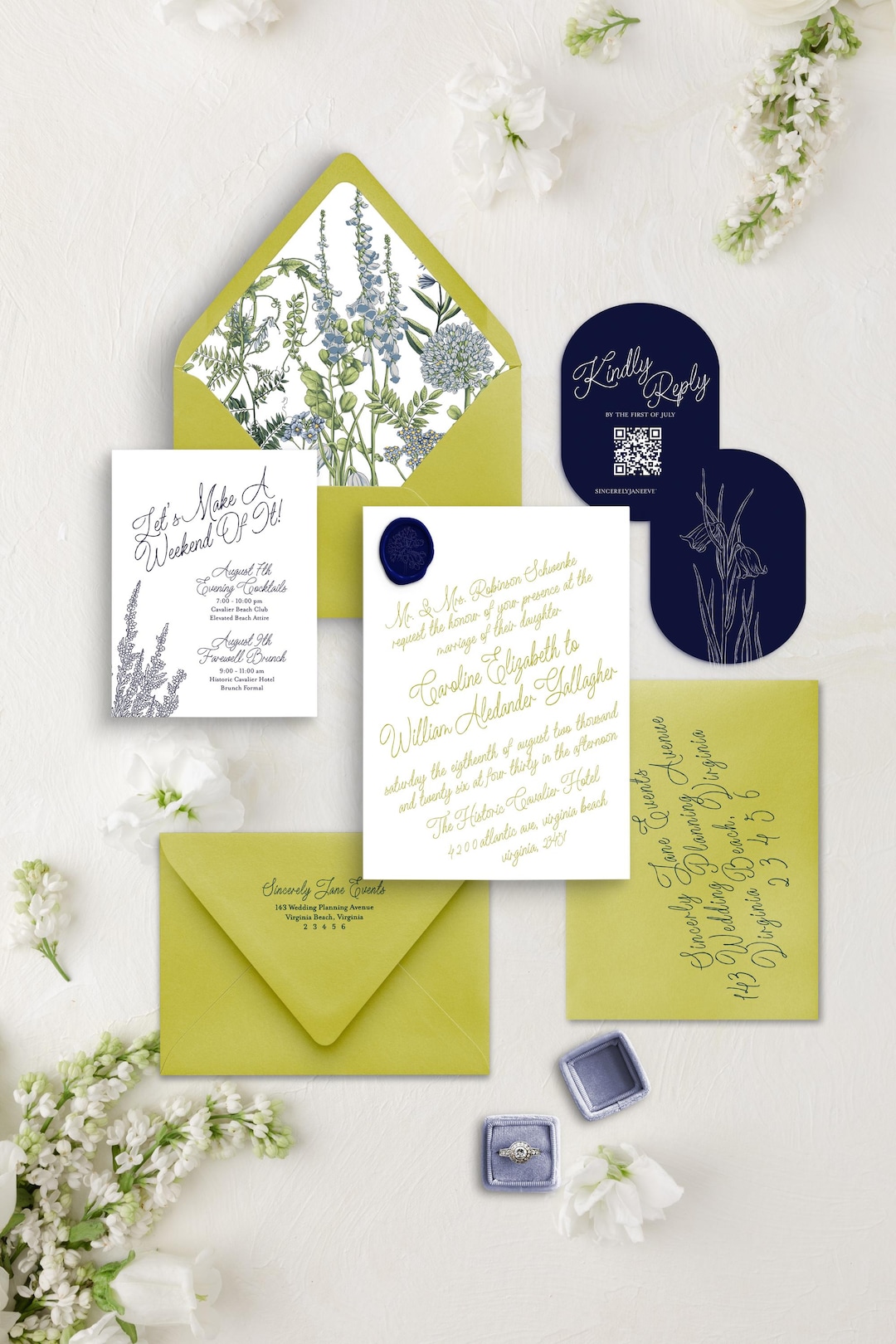 Chartreuse and Navy Semi-custom Wedding Invitations - Etsy