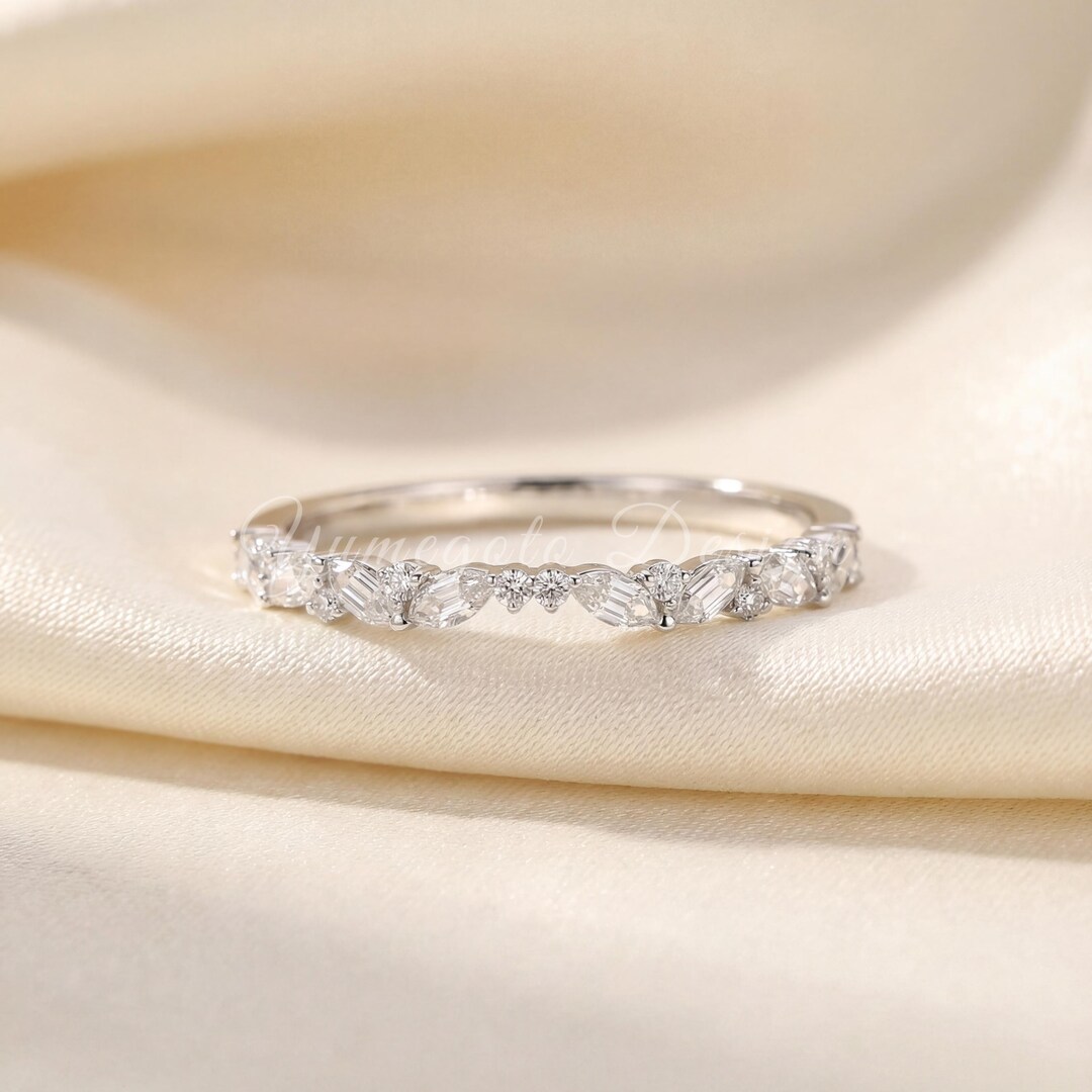 Marquise & Round Lab Grown Diamond Wedding Band, 14K Gold Unique ...