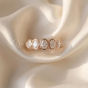 Five Stone Oval Lab Diamond Bezel Ring, 14K Gold Half Eternity Band, Anniversary Gift
