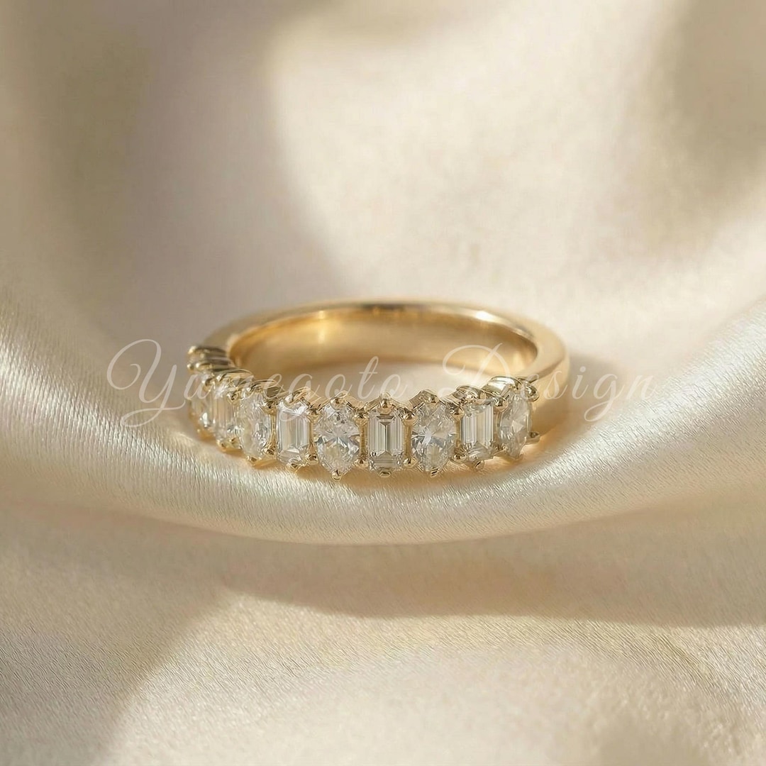 14K Oval and Emerald Cut Lab Diamond Wedding Band, Half Eternity Band ...
