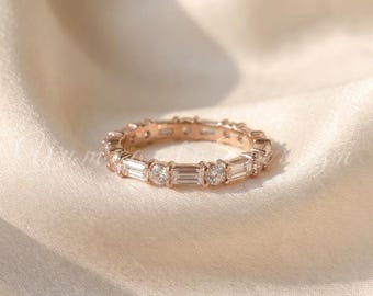 Anillo de oro de 14 quilates con diseño de eternidad completa, diamantes de talla mixta engastados en garras, anillo de boda, anillo apilable.