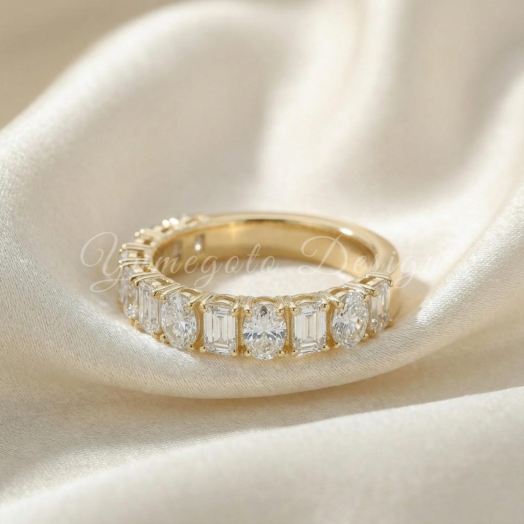 Oval and Emerald Cut Lab Grown Diamond Wedding Band, 14K Half Eternity ...