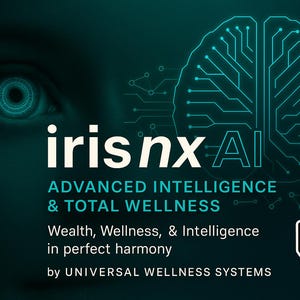 Könnte beinhalten: Eine türkisfarbene Grafik mit dem Text "irisnx AI" und "ADVANCED INTELLIGENCE & TOTAL WELLNESS". Ein Auge befindet sich in der oberen linken Ecke. Eine gehirnförmige Leiterplatte befindet sich auf der rechten Seite. Der Text "Wealth, Wellness, & Intelligence in perfect harmony" steht darunter.
