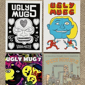 May include: Four comic book covers featuring black and white, blue and yellow, black and pink, and green and brown illustrations. The covers are titled "Ugly Mug 5", "Ugly Mug 6", "Ugly Mug 7", and "Ugly Mug No. 8".