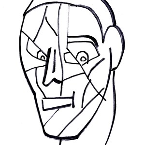 Puede incluir: Un dibujo en blanco y negro de la cara de una persona. La cara est&aacute; dibujada de forma estilizada y abstracta, con l&iacute;neas y formas que representan los rasgos.