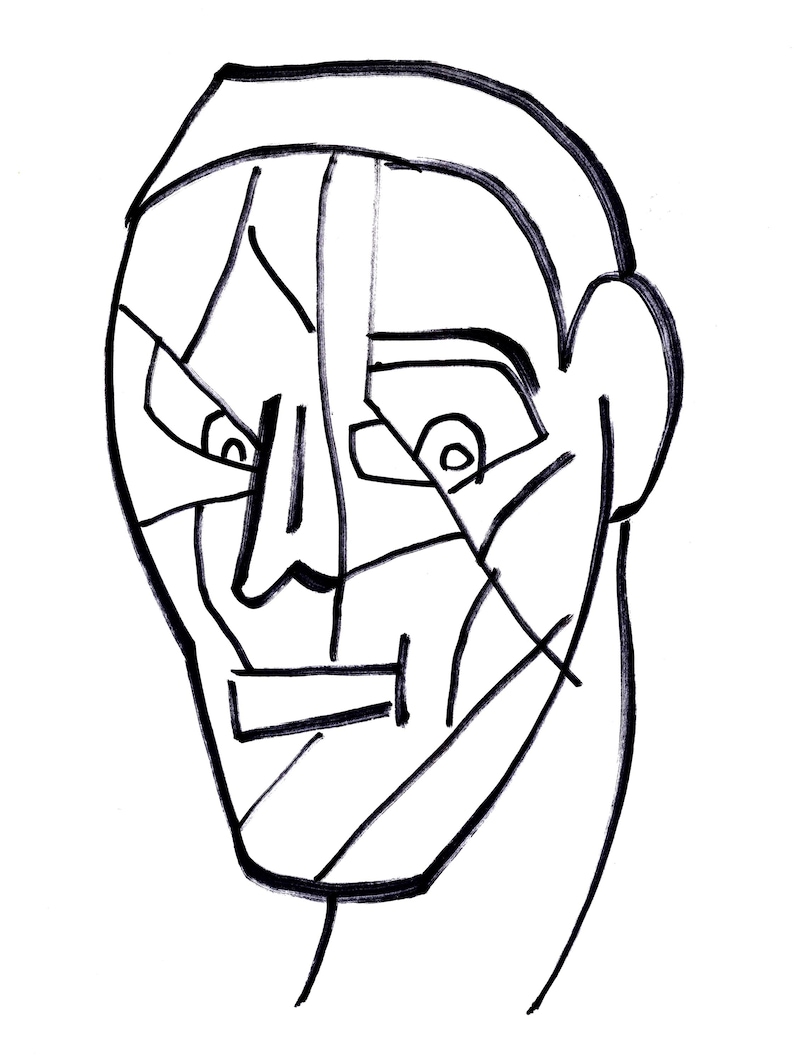 Puede incluir: Un dibujo en blanco y negro de la cara de una persona. La cara est&aacute; dibujada de forma estilizada y abstracta, con l&iacute;neas y formas que representan los rasgos.
