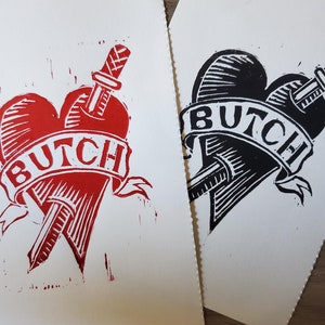 butch heart linocut print