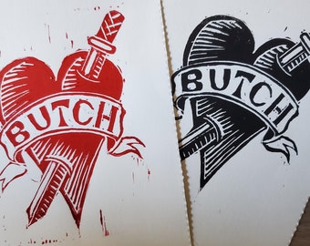 butch heart linocut print