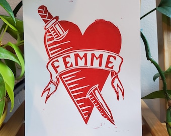 femme heart linocut print