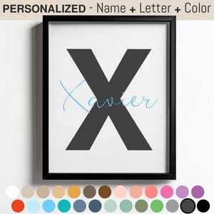 Impresión de letras con nombre de niño personalizadas, arte de pared para guardería, monograma personalizado, decoración para habitación de baby shower, letrero con nombre inicial negro, regalo para dormitorio de niño pequeño