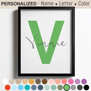 Stampa artistica da parete per bambini con iniziale del nome personalizzata, decorazione con lettera V, cartello con nome per bambini verde, per bambini e neonati, camera da letto con cornice, digitale, tela