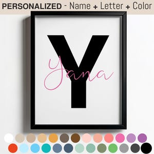 Impresión de nombre de letra personalizada, arte de pared de guardería personalizado, monograma inicial, decoración de habitación de baby shower, letrero con nombre negro, regalo para dormitorio de niños pequeños