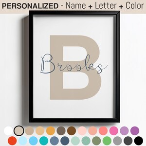 Arte de pared personalizado con nombre y letra B - Decoración de guardería personalizada - Regalo para baby shower - Póster con inicial - Arte para habitación de niños - Digital, lienzo o enmarcado