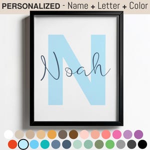 Impresión de letras con nombre personalizadas, arte de pared con iniciales personalizadas, decoración de guardería azul, letrero con nombre para habitación de niños, regalo para baby shower, inicial N para niños