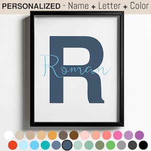 Impresión de nombre de letra personalizada, arte de pared con inicial personalizada, decoración de habitación infantil en azul marino y cielo, letrero con nombre de bebé, lienzo enmarcado para niños pequeños