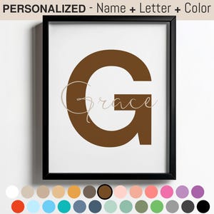 Impresión de nombre y letra personalizada para guardería y dormitorio infantil - Arte de pared con iniciales personalizado - Marrón y beige - Letrero con nombre de bebé bohemio neutro