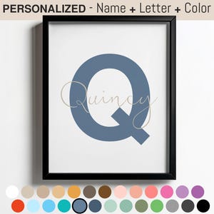 Impresión de nombre de letra personalizada, arte de pared con inicial personalizado, decoración de guardería azul marino, letrero con nombre para habitación de bebé, decoración de habitación con inicial para niños pequeños