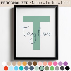 Impresión enmarcada con letras y nombres personalizados, arte de pared para guardería, decoración de dormitorio en verde salvia, letrero con el nombre del bebé, decoración inicial para guardería infantil