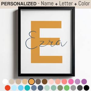 Impresión personalizada con nombre de bebé - Arte de pared con letras personalizadas para guardería y habitación de niños - Amarillo mostaza y azul marino - Letrero con nombre bohemio moderno para niños pequeños