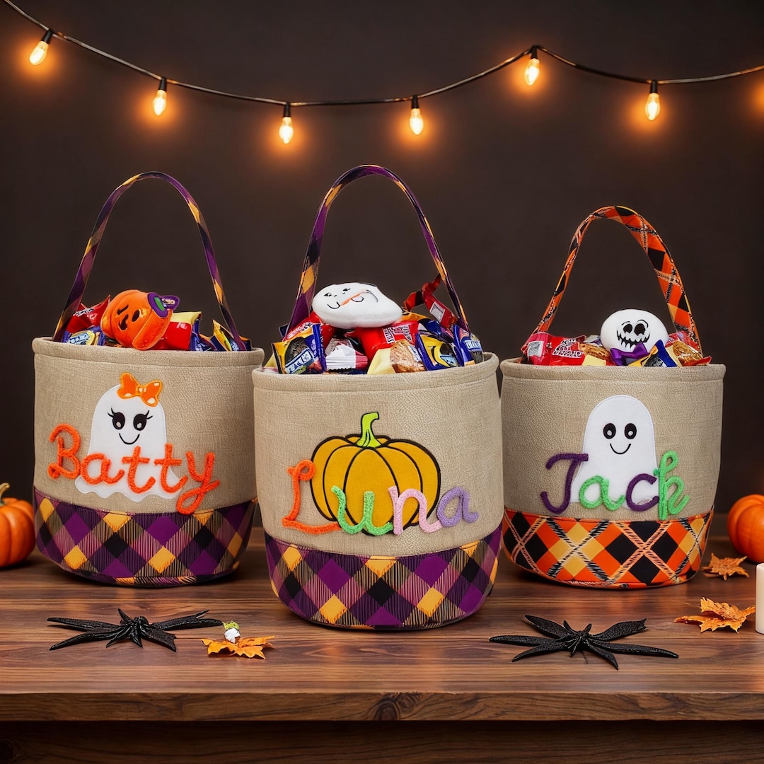 Custom Halloween Candy Basket Name Embroidery, Trick or Treat Tote Bag ...
