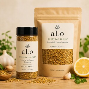 May include: Two containers of "aLo Everyday Blend" universal all-purpose seasoning. One is a clear jar with a black lid, the other is a brown paper bag. The labels read "Nurture Nature" and list the net weight as 4 oz (113g) and 12 oz (340g).