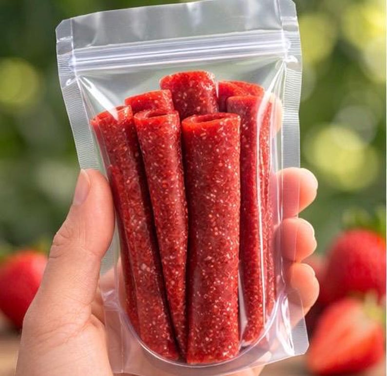 K&ouml;nnte beinhalten: Ein klarer Plastikbeutel gef&uuml;llt mit mehreren roten Fruchtlederrollen. Die Rollen sind zylindrisch mit einer strukturierten Oberfl&auml;che und einer leuchtend roten Farbe. Erdbeeren sind im Hintergrund zu sehen, was auf den Geschmack des Fruchtleders hindeutet.