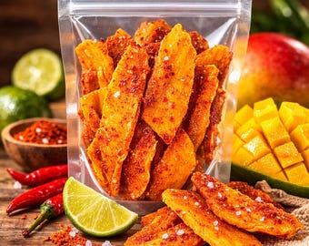 Könnte beinhalten: Ein klarer Plastikbeutel gefüllt mit getrockneten Mangoscheiben, die mit rotem Chilipulver und Salz bestreut sind. Das Bild zeigt auch frische Mango, Limette und Chilischoten auf einer Holzoberfläche.