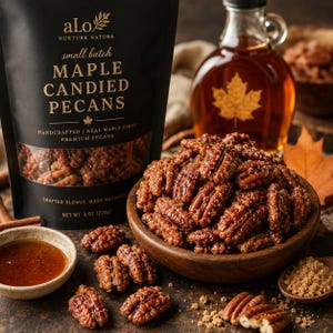 Peut inclure: Gros plan sur des noix de pécan caramélisées à l'érable dans un bol en bois, avec un sachet de noix de pécan et une bouteille de sirop d'érable en arrière-plan. Le sac indique "Maple Candied Pecans". Un petit bol de sirop et une cuillère de cassonade sont également visibles.