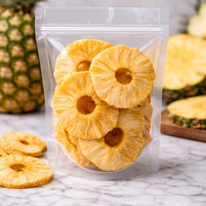 May include: A clear plastic bag filled with dried pineapple rings. The rings are a golden yellow color and have a circular hole in the center. Some rings are scattered on the marble surface. A whole pineapple and sliced pineapple are in the background.