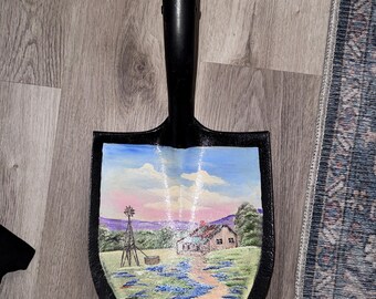 Vintage Hand Painted Shovel Folk Art Texas Bluebonnets and Windmill Landscape