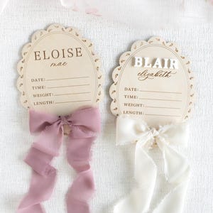Floral Scalloped Newborn Baby Birth Statistic Sign, Hospital Name Plaque, Nursery Decor Keepsake, Baby Shower Gift, Coquette Bow Ribbon