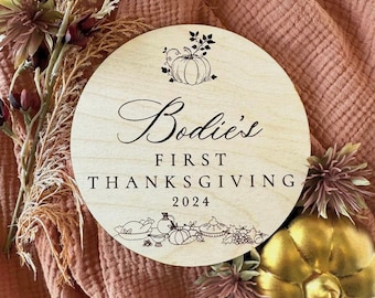 Baby&#39;s First Thanksgiving Milestone Keepsake Marker Disc, Round Wood Month Sign, Personalized Newborn Photo Prop, Baby or New Parent Gift