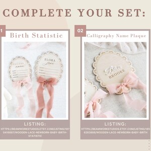Lace Frame Milestone Marker with Scallop Border. Coquette Bow Detail with block font first name and script middle name or last name or both. Each Lace Frame is adorned with a silk chiffon ribbon in the color light pink or ivory. White acrylic milestone markers with the monthly number interchangeable in acrylic. Matching lace Frame name plate that can be used as a newborn hospital announcement. Milestone marker for girl, bow milestone card for girl, hospital name announcement for girl, wooden