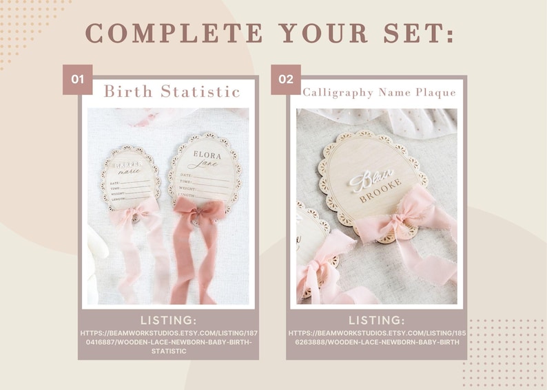 Lace Frame Milestone Marker with Scallop Border. Coquette Bow Detail with block font first name and script middle name or last name or both. Each Lace Frame is adorned with a silk chiffon ribbon in the color light pink or ivory. White acrylic milestone markers with the monthly number interchangeable in acrylic. Matching lace Frame name plate that can be used as a newborn hospital announcement. Milestone marker for girl, bow milestone card for girl, hospital name announcement for girl, wooden