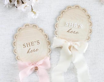 Wooden Lace She's Here Baby Birth Announcement, Hospital Sign, Ribbon Milestone Marker for girl, Nursery, Baby Shower Gift, gender reveal