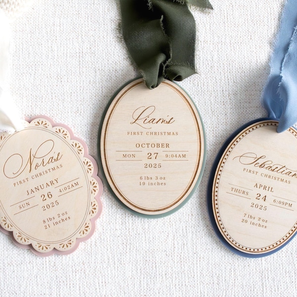 Personalized Baby’s First Christmas Ornament — Engraved Wood Birth Stats, Custom Name & Year