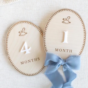Wooden baby monthly milestone plaques for newborn and infant photos, featuring a neutral teddy bear design. Month markers used as baby photo props to track 1 month to 12 months, perfect for monthly baby pictures, first year milestones, and baby announcement photos. Ideal baby shower gift, nursery decor, gender neutral or baby boy milestone markers, wooden milestone discs/plaques, minimalist neutral nursery.