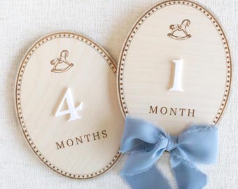 Baby Monthly Milestone Cards: Wooden Month Markers for newborn Photos, Teddy Bear, rocking horse