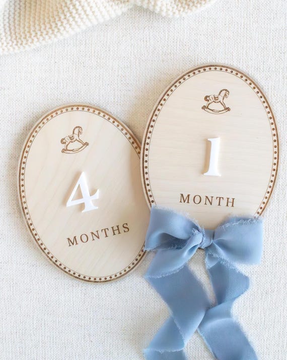 Baby Monthly Milestone Cards: Wooden Month Markers for newborn Photos, Teddy Bear, rocking horse