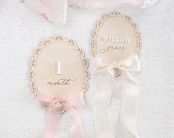 Wooden Lace Ribbon Bow Interchangeable Milestone Marker, Personalized Name Disc, Baby Monthly Milestone, Nursery Decor, Baby Shower Gift