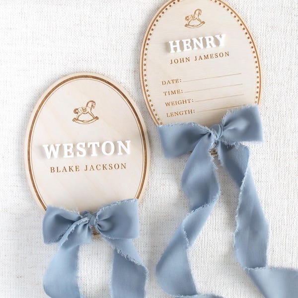 Baby Boy Name Announcement Sign: Newborn Hospital Birth Statistic with bow and rocking horse