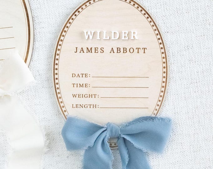 Newborn Baby Name Birth Announcement Sign: hospital boy arrival plaque, personalized wood nursery decor
