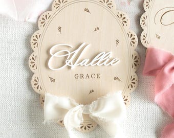 Bow Scallop Floral Hospital Birth Announcement Sign, Coquette Ribbon Newborn Arrival Plaque, Baby Keepsake, Baby Shower Gift, Ribbon