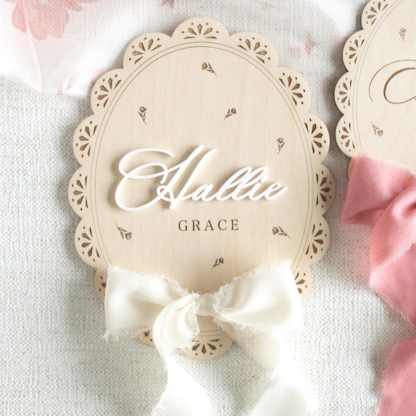 Newborn Name Announcement Sign: Engraved Wood Baby Plaque with Ribbon Bow