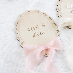 Wooden Lace She&#39;s Here Baby Birth Announcement, Hospital Sign, Ribbon Milestone Marker for girl, Nursery, Baby Shower Gift, gender reveal