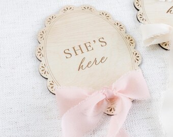 Wooden Lace Baby Birth Announcement Sign with Chiffon Ribbon