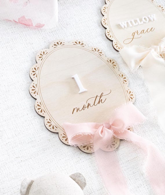 Baby Girl Monthly Milestone Marker Cards: Scalloped Name Announcement Plaque with Ribbon Bow