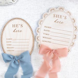 Gender Reveal geboortestatistieken bord, He's Here She's Here Ziekenhuis geboorteaankondiging plaques, kraamcadeau, het is een jongen, het is een meisje