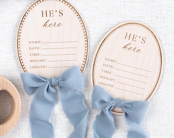 Birth Statistic Gender Reveal Sign, He&#39;s Here She&#39;s Here Hospital Birth Announcement plaques, Baby Shower Gift, its a boy, its a girl